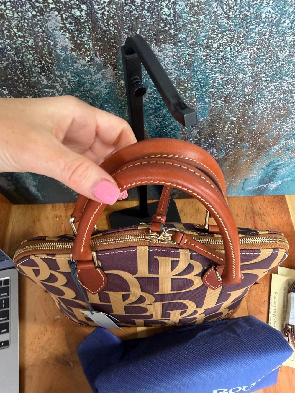 Dooney & Bourke Preppy Plum & British Tan DB Monogram Domed Satchel‎ NWT